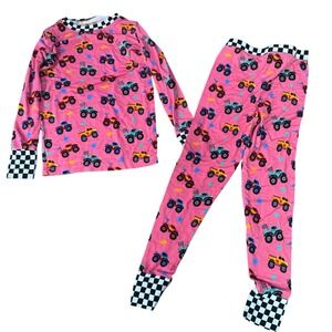 Kiki Lulu Monster Truck Pajamas Set Long Sleeve Pink Black Checkered Size 5-6